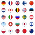 Flag icon set. Map pointers or markers with flags of USA, UK, Holland, Germany, Italy, Canada, France, Russia, China, Finland.